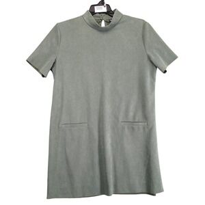 Zara Shift Dress Size XL Green Textured Short Sleeve Mock Neck Raw Hem Mini Chic